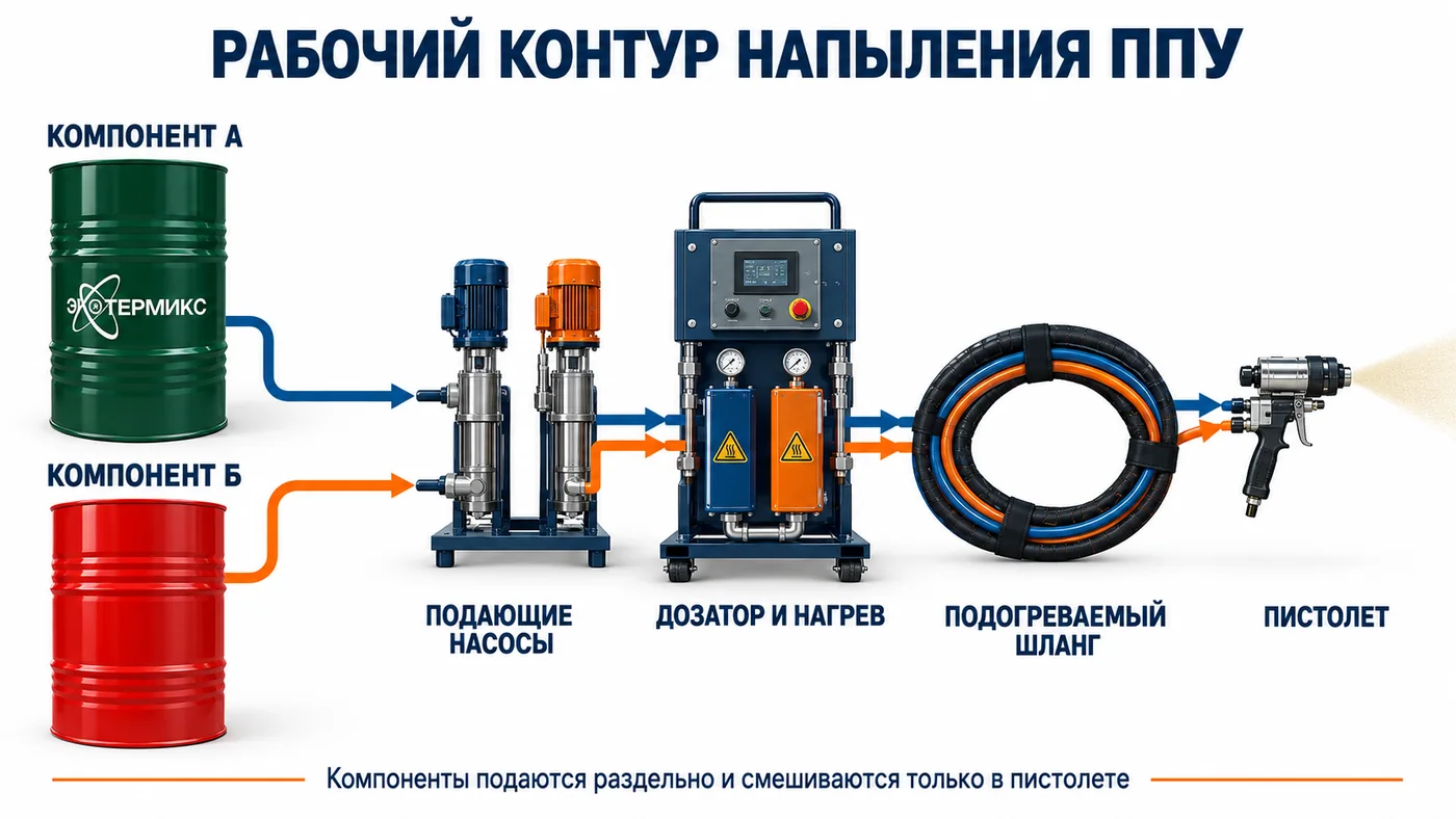 Рабочий контур оборудования от компонентов А и Б до пистолета