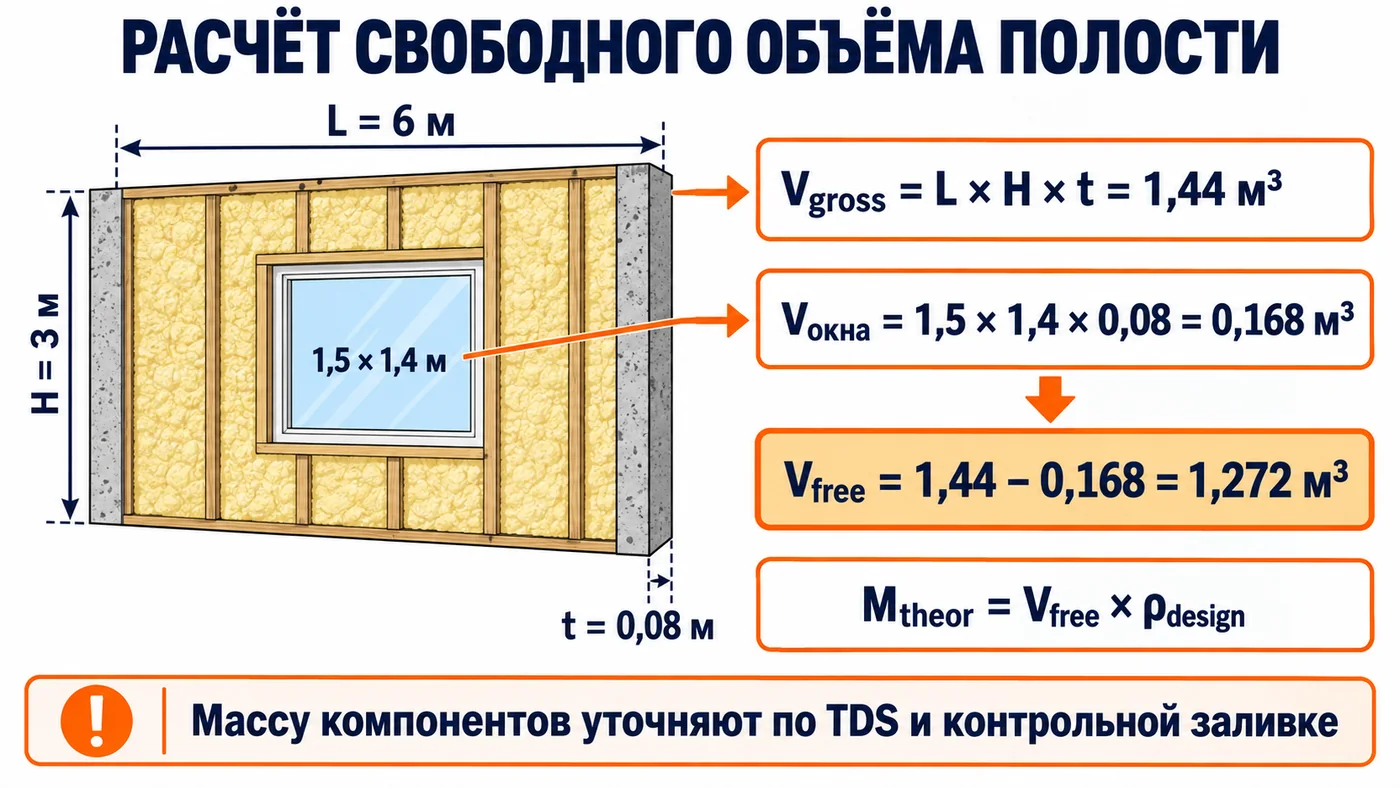 Расчёт свободного объёма стены с вычитанием оконного проёма